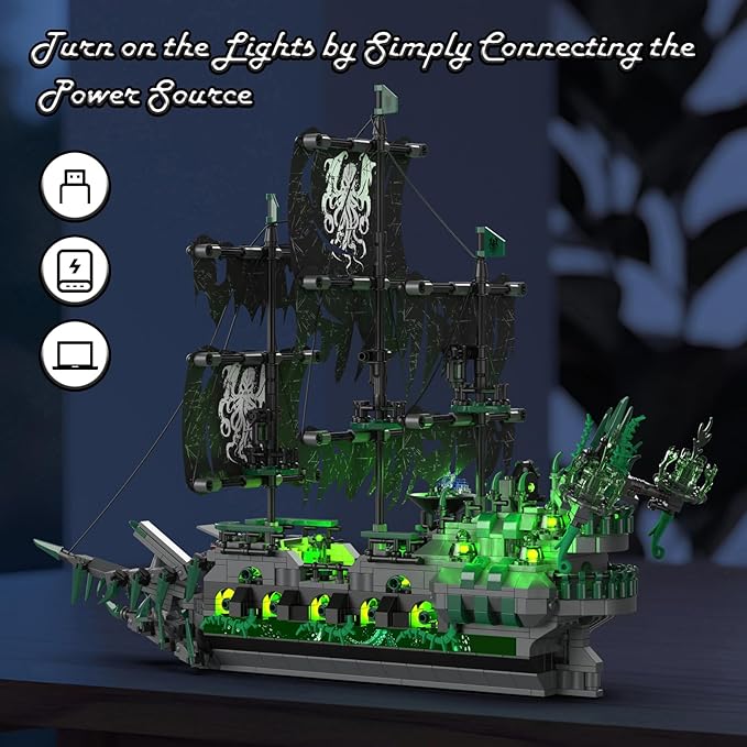 JMBricklayer Pirate Ship Building Toys with Lights, Ghost Ship Flying Dutchman Model Ship Boat 40001, Toy Building Sets for Adults, Easter Decor Christmas Birthday Easter Gifts (1100 PCS)