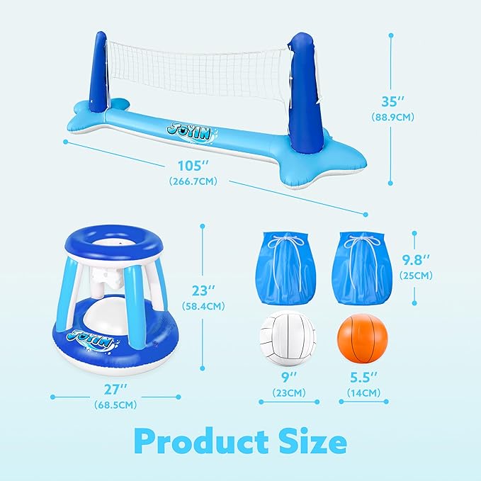 JOYIN Inflatable Volleyball Net & Basketball Hoops Pool Float Set; Balls Included for Kids/Adults, Summing Pool Game, Floating, Summer Floaties, Volleyball Court |Basketball,L-Dark Blue