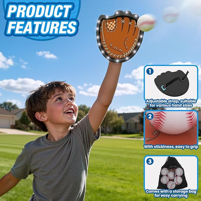 Toss and Catch Ball Game Set, Outdoor Pool Beach Yard Camping Games for Family, Toddler Baseball Birthday Gifts for Boys Girls Ages 3-12 (4 Light Up Paddles & 6 Balls)