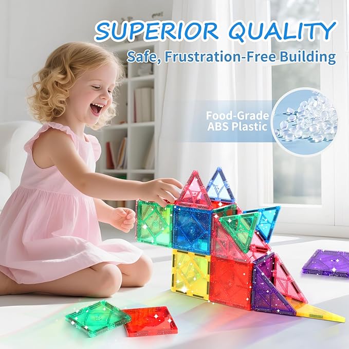 100 Pieces Magnetic Tiles for Kids Ages 4-8, Glitter Magnetic Building Tiles Preschool Learning Magnet Toys, STEM Sensory Magnet Building Blocks for Toddlers 3 4 5 6 7 8+ Year