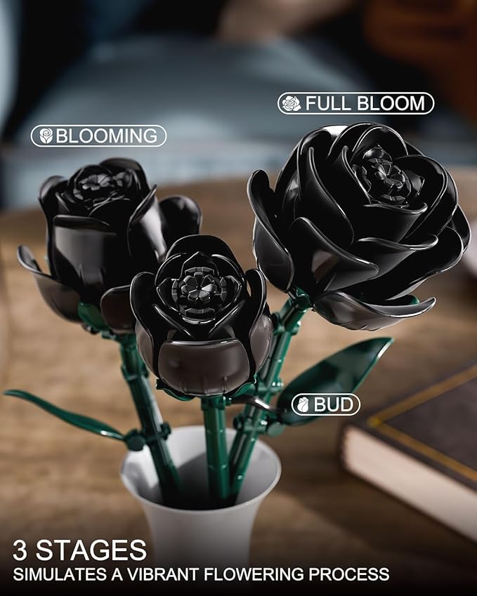 Black Roses Flowers Building Sets, Artificial Bouquet Botanical Collection Building Blocks for Adults, Gothic Home Decor, Christmas Birthday Gift for Adults Women, Girls Age 8-12 (512Pcs)