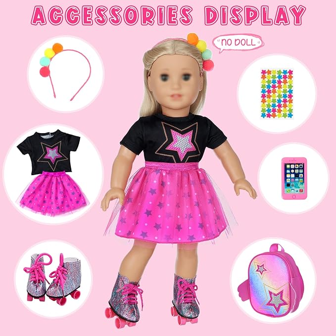 18 Inch Girl Doll Clothes & Accessories - Dress, Bag, Skating Shoes, Headband, Mobile Phone