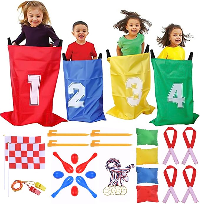 GOLDGE 28 Piece Outdoor Games Kit for Kids, Includes Potato Sack Race Bags, Bean Bag Toss, 3 Legged Race Bands, Egg Spoon Relay, for Easter & Birthday Parties (Potato Sack Race Bags)