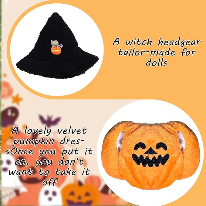 Halloween Pumpkin Costumes for 6.7 Inch (17cm) Dolls，Two-piece Set Includes a Black Witch hat and Pumpkin Overalls,It's Both Cute and Fun, Perfect for Collectors and Dress-Up