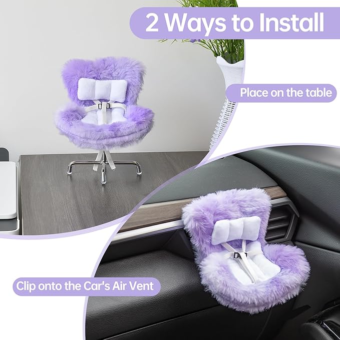 Doll Car Seat Compatible with Bubudoll, Small Seat for 10-17cm Blind Box Toys, Including Air Vent Clip, Desktop Stand, Adjustable Safety Strap, Airflow-Friendly Design, Ideal Car Decor Gifts(Purple)