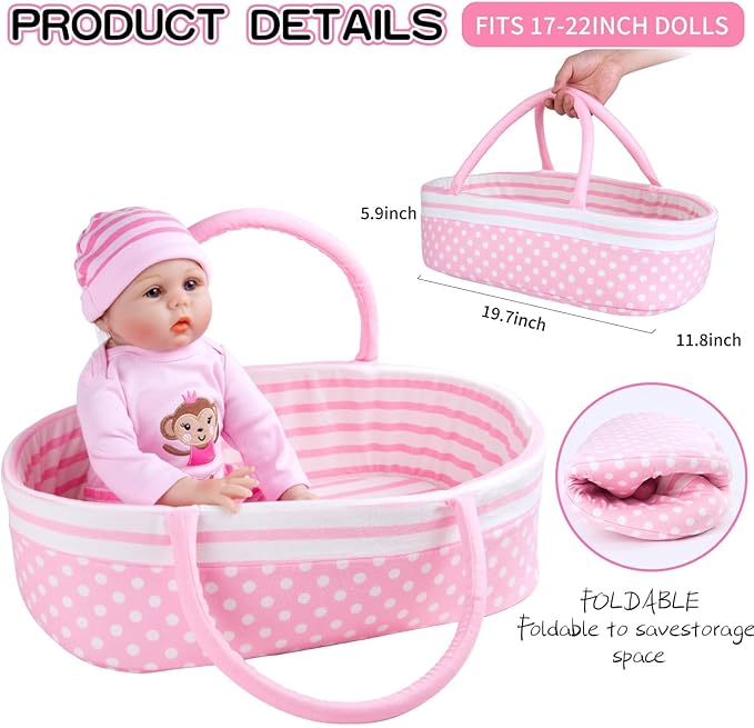 Reborn Baby Dolls Bassinet Pink Crib Bed Soft Toddler Doll Carrier for 18-24 Inch Baby Doll Accessories Baskets with Handle