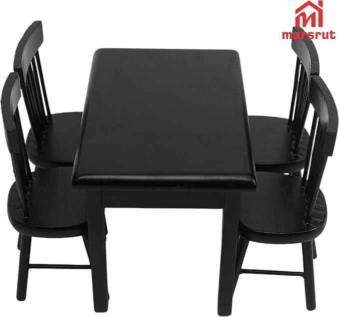 Miniature Dining Table and Chairs Set 5pcs – 1:12 Scale Dollhouse Room Furniture Kitchen Mini Wooden Chair Accessories, Model Accessory Decoration for Doll House DIY Hobby, Black