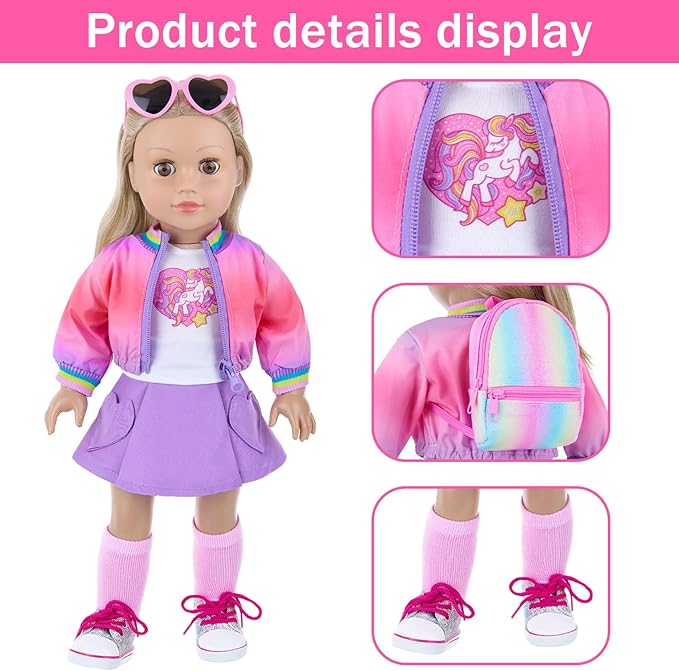 American 18 Inch Doll Clothes and Makeup Accessories Set - Dolls Makeup and Outfit Playsets Bundle with Rainbow Backpack and Fashion Essentials (Doll NOT Included)