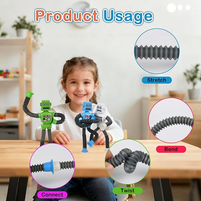 Pop Tubes Fidget Toys, 4-Pack Telescopic Suction Cup Toy for Kids Toddlers, Animal Autism Sensory Toy for Grandkids, Funny Stocking Stuffers for Christmas Birthday Gift (Robot)
