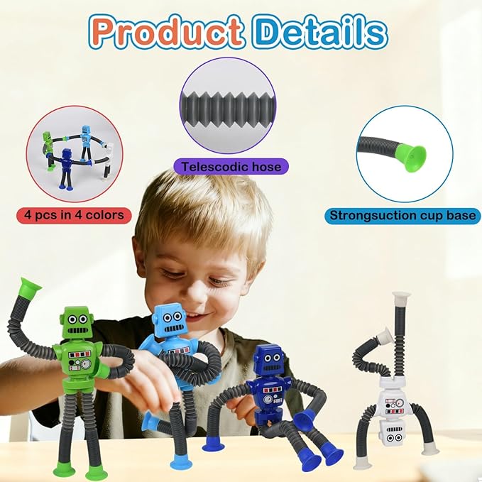 Pop Tubes Fidget Toys, 4-Pack Telescopic Suction Cup Toy for Kids Toddlers, Animal Autism Sensory Toy for Grandkids, Funny Stocking Stuffers for Christmas Birthday Gift (Robot)