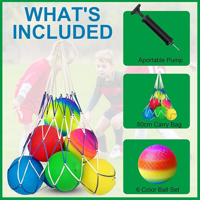 8.5 Inch Playground Balls Dodgeballs for Kids & Adults, Pack of 6 – Inflatable Colorful Rubber Kickball with Ball Pump and Net Bag