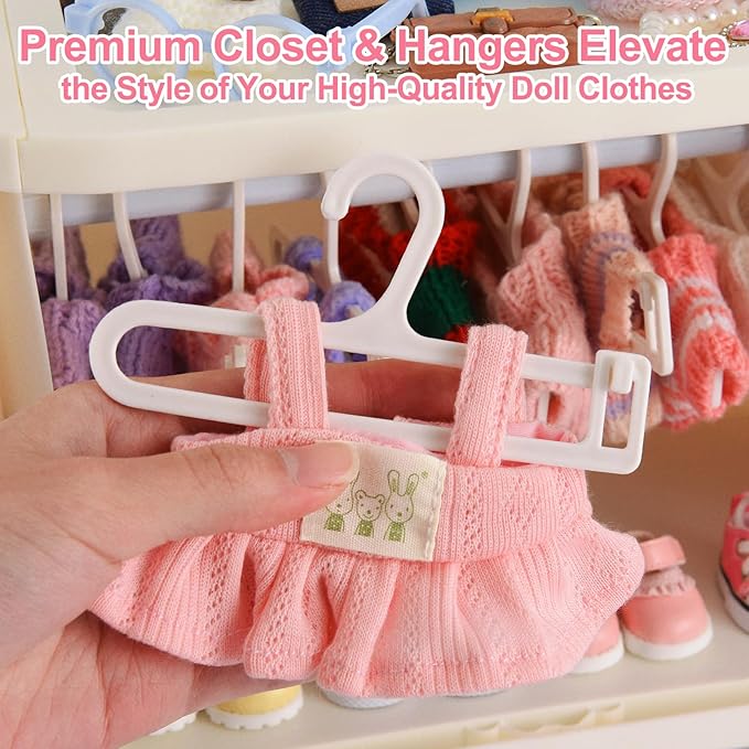 Foldable Doll Wardrobe Closet for Labubu Clothing - Double Sliding Door Stackable Storage Box for 4-7 Inch Doll Clothes, Large Capacity Doll Clothes Organizer with 10 Hangers & Rod (Gray)