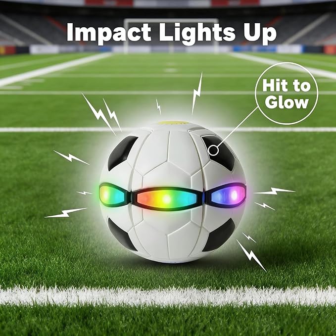 Magic Ball - 2-in-1 Shape-Shifting Magic Bouncing Ball with 6 LED Lights, Flying Saucer Disc, Impact-Activated Light Up Toys for Indoor & Outdoor Play, Frisbees for Kids (Soccer Pattern)
