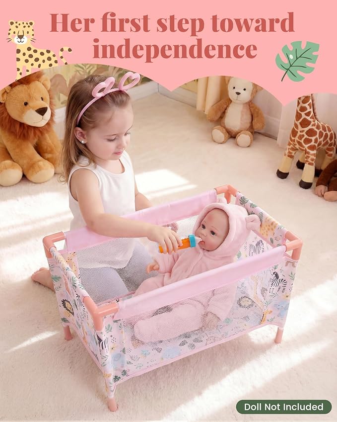 BABESIDE Baby Doll Crib for 18'' Dolls,7 Piece Baby Doll Bed with Storage Bag and Bedding Accessories, Toy Crib Doll Furniture,Reborn Baby Doll Accessories for Kids Age 3+