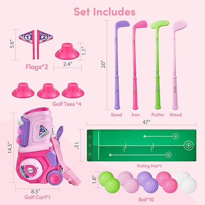 PJG Toddler Golf Set, Plastic Kids Golf Clubs Ages 1 2 3 4 5 Years Old with 4 Golf Clubs and 10 Balls, Indoor and Outdoor Golf Toys with Cart for Boys Girls Birthday Gift (Pink with mat)