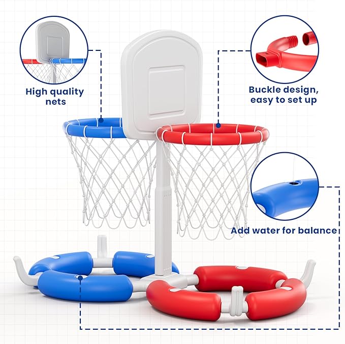 Double Pool Basketball Hoop with Backboard, 2-in-1 Floating Pool Toys Ring Toss Game, 2 Player Games Summer Outdoor Water Toys Gifts for Kids Ages 4-8 8-12 & Adults, Family Swimming Pool Party