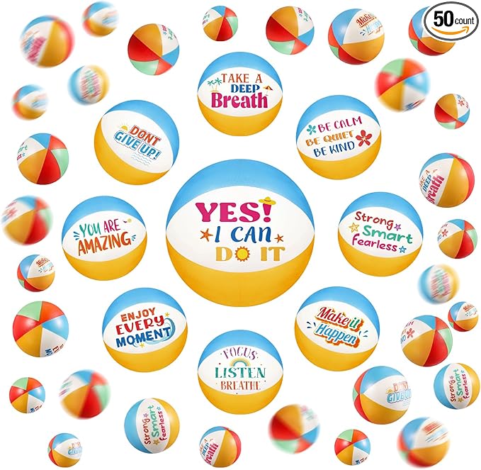 Blulu 50 Pcs Mini Beach Stress Balls with Motivational Quotes 2.5" Foam Bulk Rainbow Squeeze Sports Toys with Storage Bag for Hawaiian Beach Party Favors Birthday Gifts Rewards