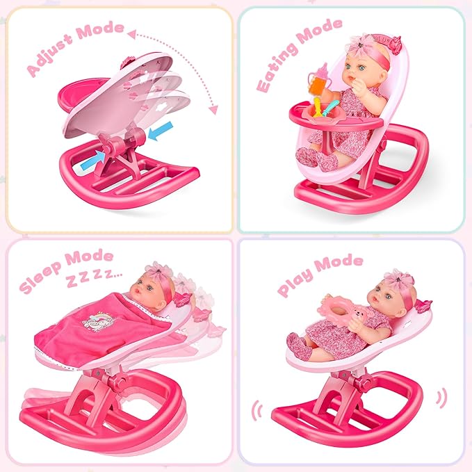 deAO Baby Doll Playset Baby Doll Crib Bed Set Adjustable 2 in 1 Baby High Chair and Rocking Bed, Baby Doll Accessories with 13 Inch Dolls, Feeding Pretend Play Toy Gift for Toddler 3+ Years Old