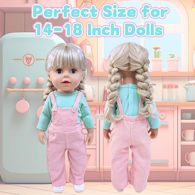 18 Inch Doll Clothes and Accessories, 4 Pcs 18 inch Girl American Doll Clothes Set Include Long Sleeves Pink Overalls Socks and Mermaid Backpack Birthday for Girls (No Doll)