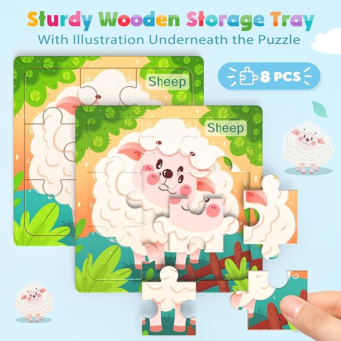 Zeoddler Wooden Puzzles for Toddlers, 8 Pack Farm Animal Jigsaw Puzzles for Kids3-5, 9 Pieces Preschool Learning Activities, Learning & Educational Toys, Gift for Boys, Girls