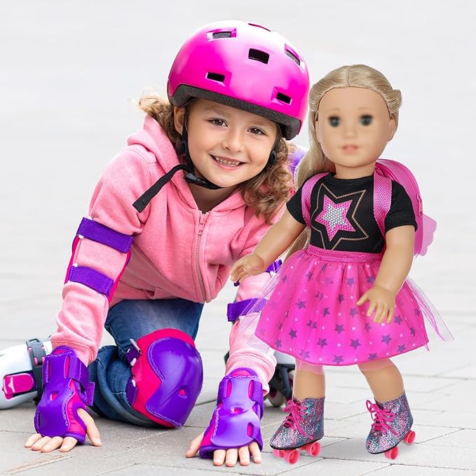 18 Inch Girl Doll Clothes & Accessories - Dress, Bag, Skating Shoes, Headband, Mobile Phone