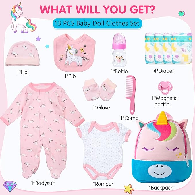 13 Pcs Reborn Baby Dolls Girl Clothes Accessories Pink Unicorn Theme Outfit Set for 17-22 Inch Reborn Dolls Newborn Girl with Unicorn Backpack Diaper