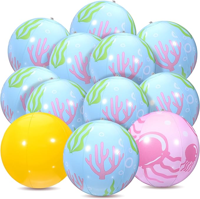 12 Pcs Cartoon Style Beach Balls 7.87 Inch Jellyfish and Coral Marine Creatures Inflatable Beach Balls for Cartoon Fans Tropical Hawaii Summer Swimming Pool Water Games Party Favors