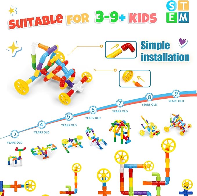 Ggiibro STEM Building Toy for Toddlers 106Pieces Tube Pipe Toy,Educational Preschool Game for 3+ Years,Learning Building Blocks Play with Storage Box Gift Kit,Montessori Toys for Boys & Girls