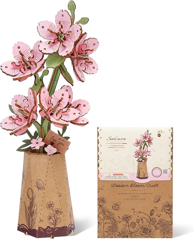ROBOTIME 3D Puzzle Sakura TW101, DIY Wooden Flower Craft, Artificial Flowers Model Kit to Assemble for Adults, Home Decoration and Valentine's Day Toy Gift Set