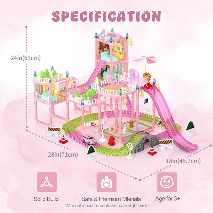 Doll House with Lights&Track Car Toy Set,Princess Dollhouse for Girls, 3 Dolls, Pets, Car, Furniture and Accessories, Design and Build Gift for 3 4 5 6 7 8+ Year Old Girls