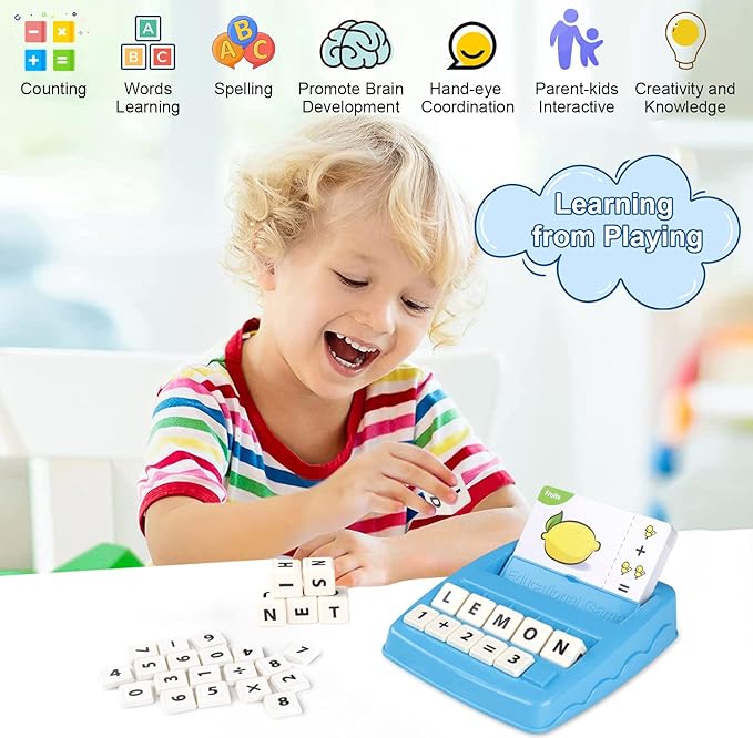 Matching Letter Game for Kids, 2 in 1 Educational Toys Alphabet Spelling & Reading, Number & Color Recognition Learning Flash Cards Birthday Gifts for Preschool Kindergarten Boys & Girls (Light Blue)