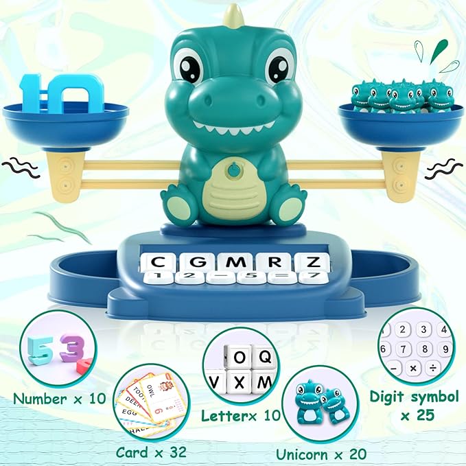Kaodezhu Dinosaur Math Balance Toy for Boys and Girls - Montessori Matching Letter Toy for Kids 3 Year Olds, Educational Kindergarten Preschool Early Learning, Birthday Gift for 4 5 6 7 Years Old