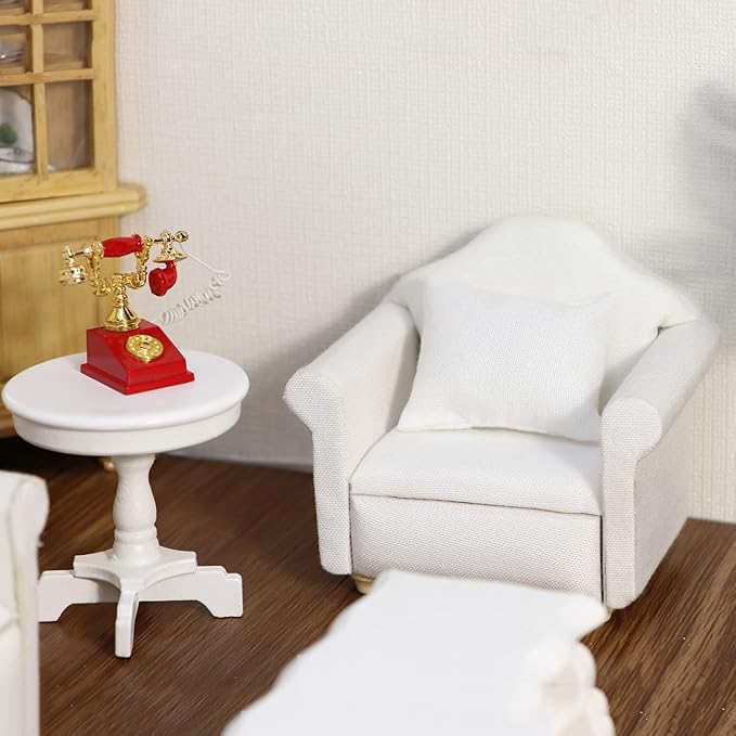 Dollhouse Couch Miniature Furniture Sofa with Pillows for Living Room Desktop Decoration Fabric Sofa Mini Home Scene Accessories Ornament (Sofa Set, White)