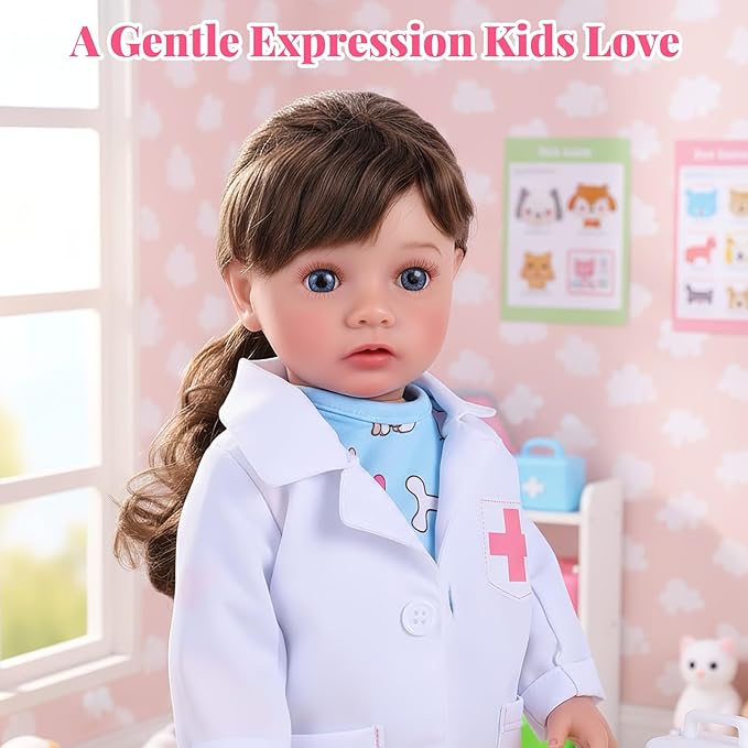 BABESIDE American Realistic Baby Doll Girl - 16-Inch Vet Play Set Dolls with Long Brown Ponytail Complete Toy Accessories for 5+ 6 7 8 9 10 11 12 Years Girl Birthday Gifts, Pretend Play, Christmas