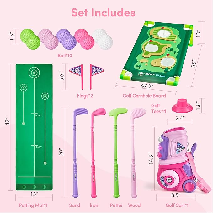 PJG Toddler Golf Set, Plastic Kids Golf Clubs Ages 1 2 3 4 5 Years Old with 4 Golf Clubs and 10 Balls, Indoor and Outdoor Golf Toys with Cart for Boys Girls Birthday Gift (Pink with mat and Cornhole)