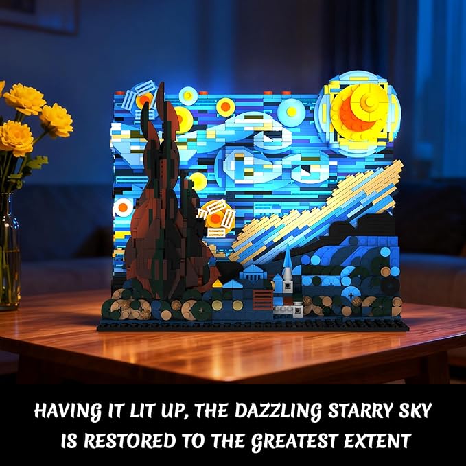 The Starry Night Building Set with LED Lights - 1501PCS Artwork 3.6MM Mini Blocks Building Sets for Adults, Famous Paintings Architecture Projects Home Art Decor Easter Gift for Men Women
