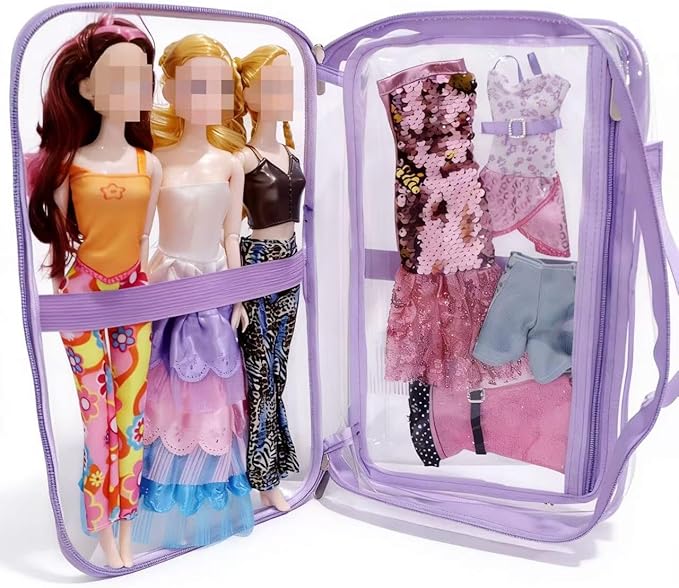Carrying Case Compatible with Barbie Dolls 12-Inch,Case to Hold Dolls and Clothes, Much Pocket for Doll’s Clothes, Accessories, Fits 6 Dolls & Accessories,Bag Only (8-Fully Transparent)