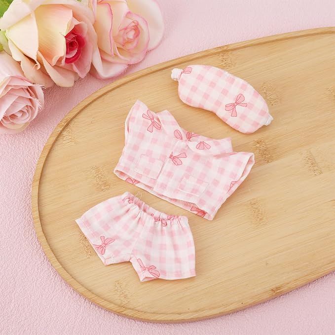 Doll Pajama Clothes Set, Pink Bowknot Top and Pants with Eye Mask Cute Toy Outfits Accessories for 5.9in/15cm-6.7in/17cm Dolls Costume Decoration & Display