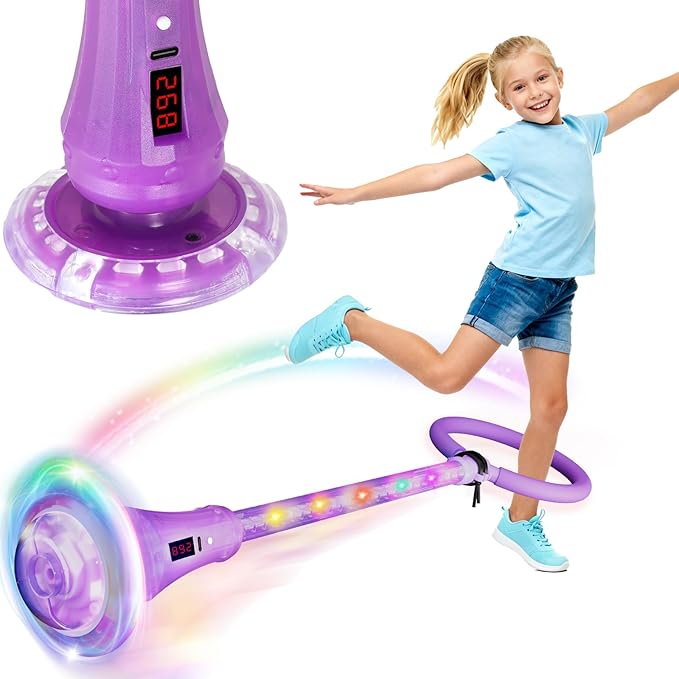 Skip Ball for Kids, Rechargeable Skip Ball Ankle Toy with Flashing Light-Up Wheel & Rod, Indoor/Outdoor Toys for Kids with Counter, Timer and Cal Calculator