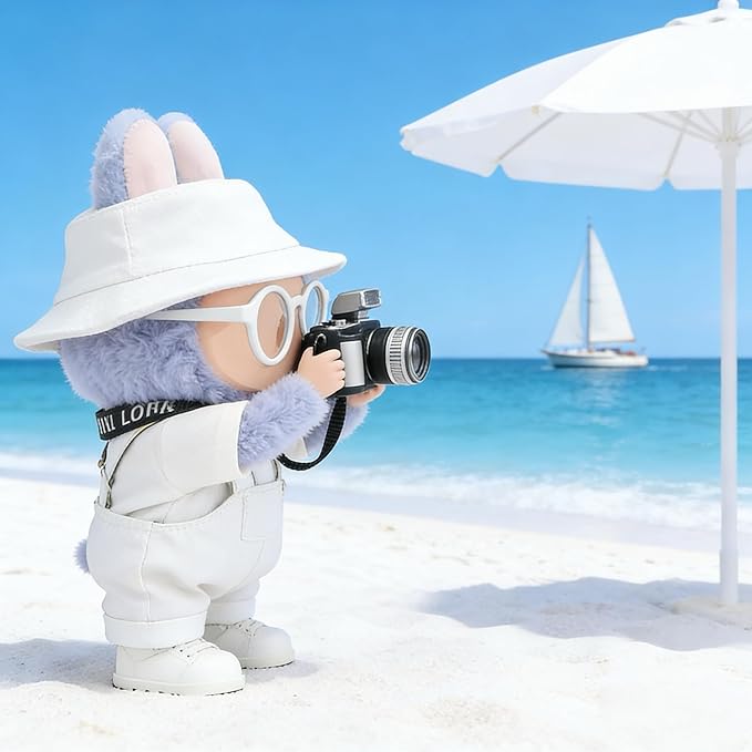 Clothes for LABUBU 17cm Doll (NO Doll) – 6-Piece Set, Hat + Overalls + Shirt + Camera + Glasses + Shoes, Outfit for LABUBU, Premium Dolls Accessories for LABUBU (White)