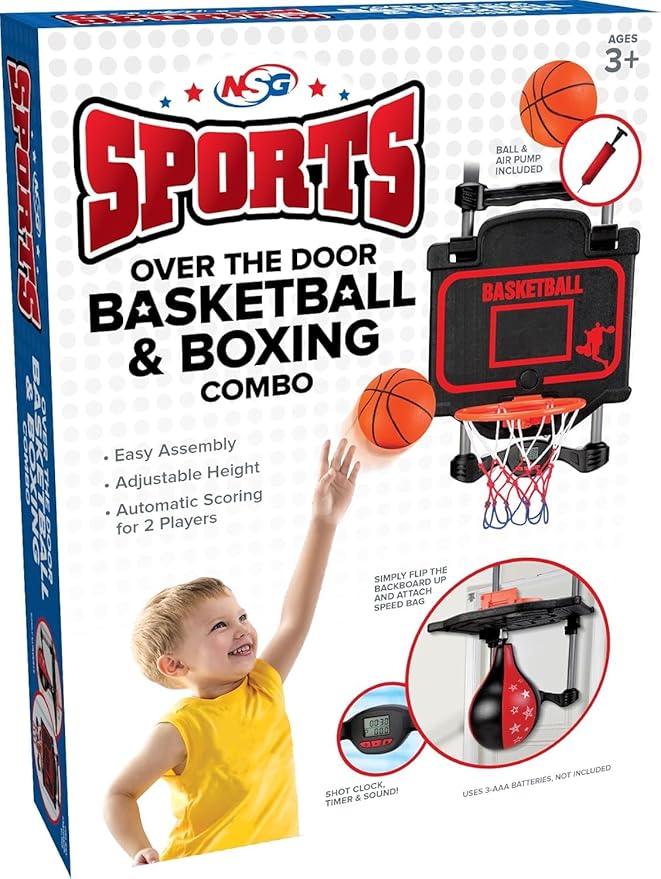 Over-The-Door Basketball & Boxing Combo – 2-in-1 Game Set with Adjustable Hoop & Speed Bag, Scoreboard & Sound Effects – Fun Indoor Sports Toy for Kids & Adults