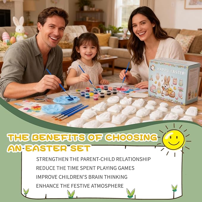 GloomGlo Easter Theme Paint Your Own Plaster Figurines Kit - 24 Pcs Figures with Paints, Brushes & Palettes for Kids Arts Crafts Supplies（24pcs