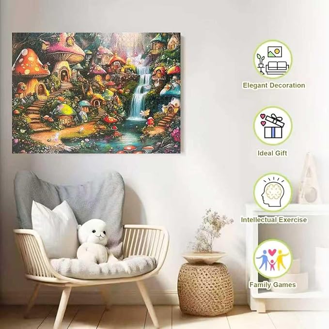 Mushroom Castle 1000 Piece Puzzle for Adults,Mushroom Garden Waterfall Puzzles for Adults 1000 Pieces,Challenging and Hard Difficult Mosaic Jigsaw Puzzles Toy Games 1000Pieces 27.5 X 19.7inch