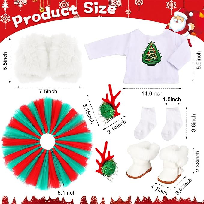 UPINS Christmas 18 Inches Doll Clothes and Accessories Winter Doll Outfits Set Christmas Deer Costume Includes Tutu Dress Vest T-Shirt Shoes Hairpin Socks for 18 Inch Doll Girls Gifts