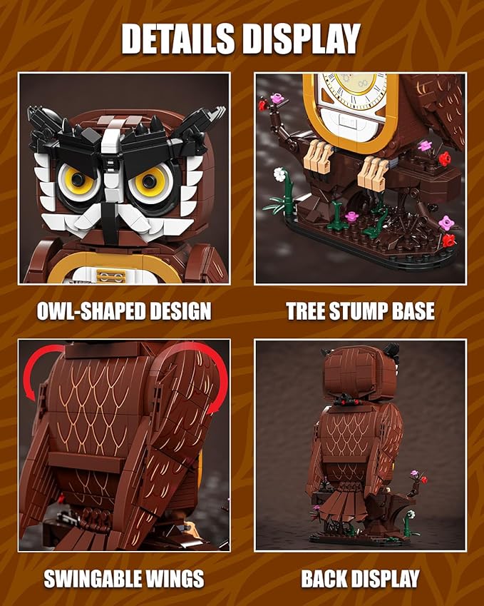 Owl Clock Building Blocks Set, STEM Building Toys with Functional Clock, Collectible Bird Display Model for Home Decor, Christmas Birthday Gift for Adults & Boys 8-14 (964Pcs)