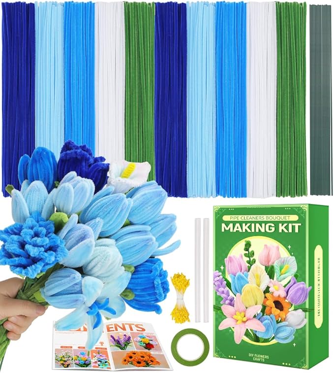 Praisebank Blue Pipe Cleaners for Crafts (400pcs with Instruction), Flower Making Kit, Chenille Stems for DIY Projecets, Arts & Crafts Supplies for Festival Party Decorations