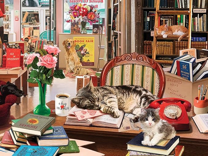 White Mountain 500 Piece Jigsaw Puzzle Cat & Dog Book Puzzles with Large Pieces Gift for Adults 18"x24" - Cozy Bookshop