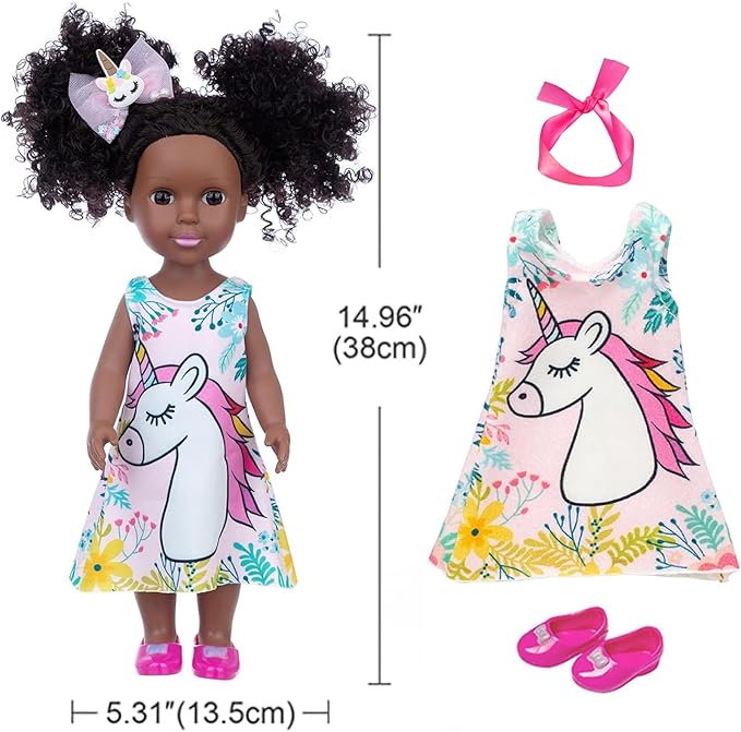 ZQDOLL Black Doll and Black Baby Doll Clothes 14.5 inch African American Silicone Girl Doll with 2 Sets Clothes and Travel Equipment Camera Backpack Glasses etc - Best Gift for Kids Girls