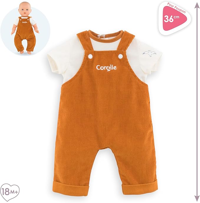 Corolle 14” Baby Doll Outfit - Loire Riverside Overalls and T-Shirt - Mon Grand Poupon Outfits and Accessories fit 14" Dolls, for Kids Ages 2 Years and up