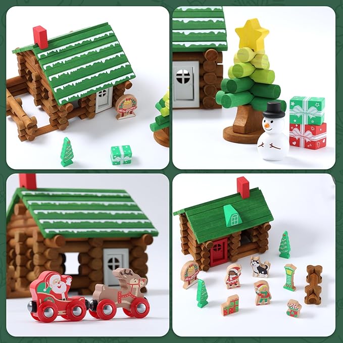 SainSmart Jr. Wooden Logs Set 182 Pcs Building House Toy for Toddlers with Christmas Tree Logs, Classical STEM Construction Kit Compatible with Lincoln Logs for 3+ Kids